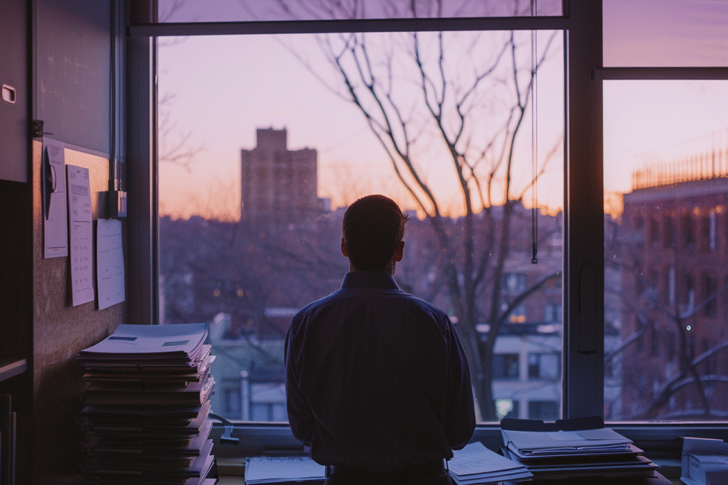 An addiction counselor stands by an office window at sunset, reflecting quietly after a long day, illustrating moments of burnout and compassion fatigue for addiction counselors.