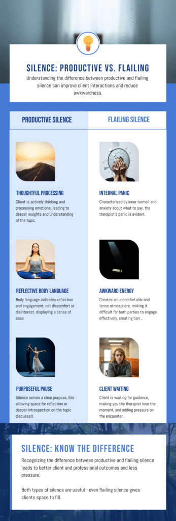 Tall infographic comparing productive silence and flailing silence in therapy. Two columns list characteristics: thoughtful processing, reflective body language, and purposeful pause versus internal panic, awkward energy, and client waiting. Includes small rounded photos illustrating each point.