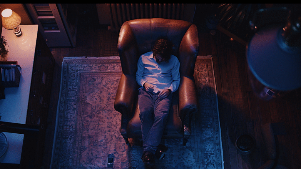 A counselor sits slumped in a leather chair under dim light, conveying emotional exhaustion and compassion fatigue for addiction counselors after a demanding workday.