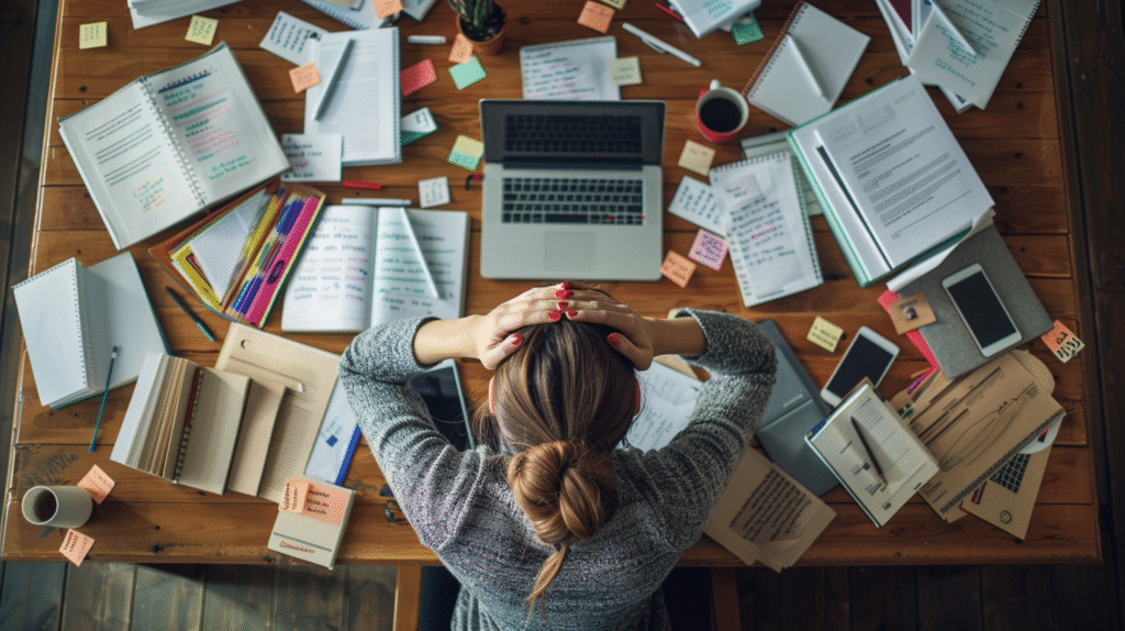 A bird’s-eye view of an overwhelmed clinician sitting at a cluttered desk covered in notebooks, paperwork, sticky notes, and a laptop, holding her head in her hands—illustrating the chaos and emotional strain associated with compassion fatigue for addiction counselors.