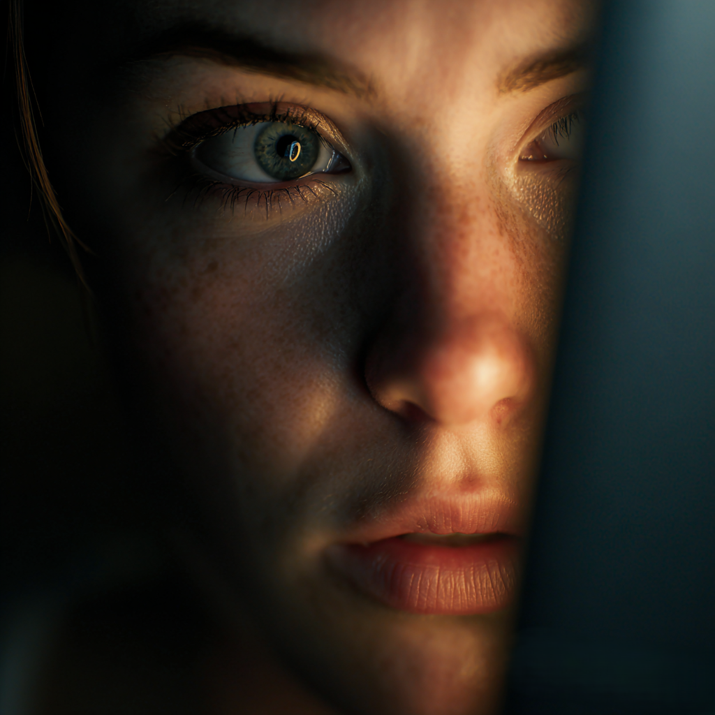 Close-up of a counselor’s face illuminated by a computer screen, showing exhaustion and emotional strain, symbolizing compassion fatigue for addiction counselors working long hours.
