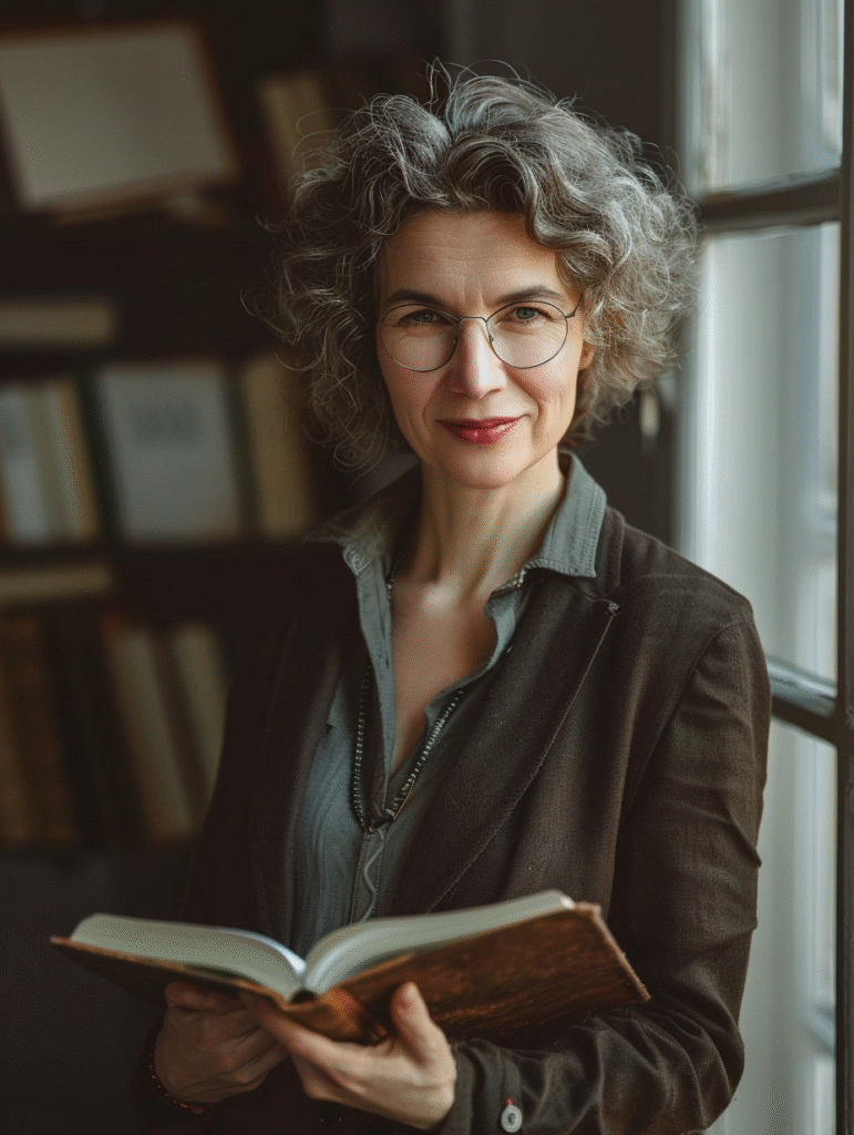 Mature counselor with gray hair and glasses standing near a window, holding an open book and smiling confidently, symbolizing wisdom, resilience, and long-term recovery from compassion fatigue for addiction counselors.