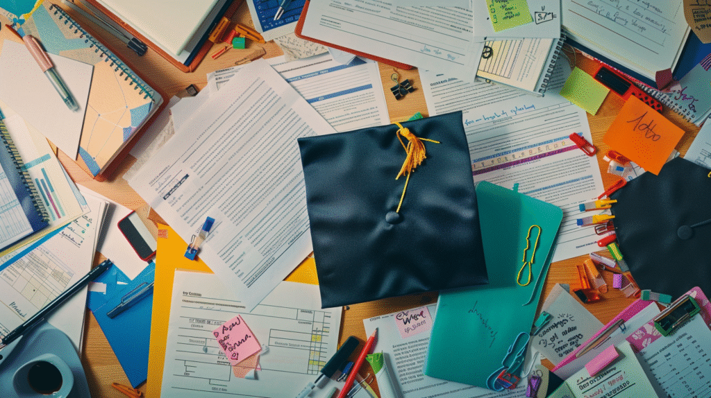 Overhead view of a cluttered workspace filled with paperwork, graduation caps, notes, and study materials, representing early career stress and compassion fatigue for addiction counselors balancing training and heavy workloads.