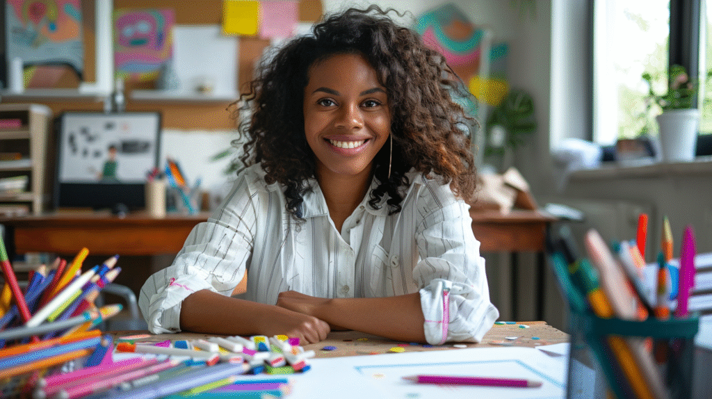 A smiling woman with curly hair sits at a cluttered art table covered in colorful pencils and markers. She appears relaxed and confident in a bright, creative studio environment.