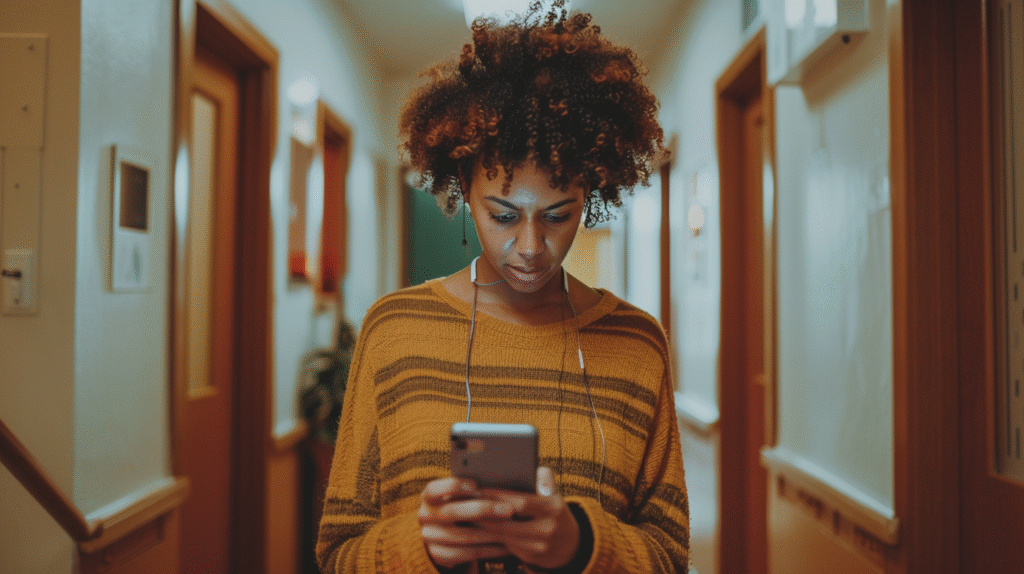 A young woman with curly hair stands in a dim hallway, looking down at her phone with a serious expression, reflecting on New Counselor Knowledge Gaps she’s trying to navigate during her early sessions.
