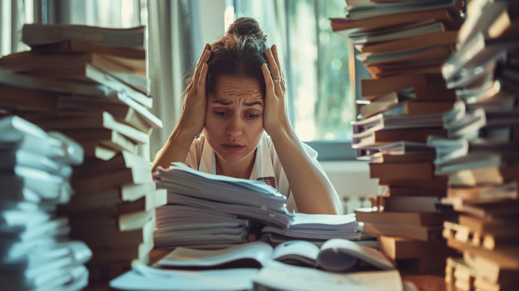 A stressed young therapist sits between tall stacks of books and paperwork, holding her head in her hands, overwhelmed by New Counselor Knowledge Gaps and the pressure to learn everything at once.