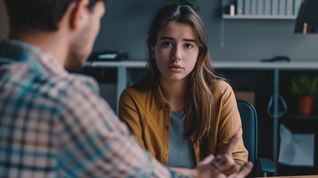 A young counselor listens closely to a client in a softly lit office, her expression showing concern and uncertainty as she works through common New Counselor Knowledge Gaps in real time.