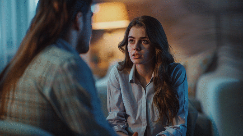 A young woman sits in a softly lit room, listening intently to someone speaking off-camera. She looks focused and concerned, leaning slightly forward in a supportive, attentive posture.