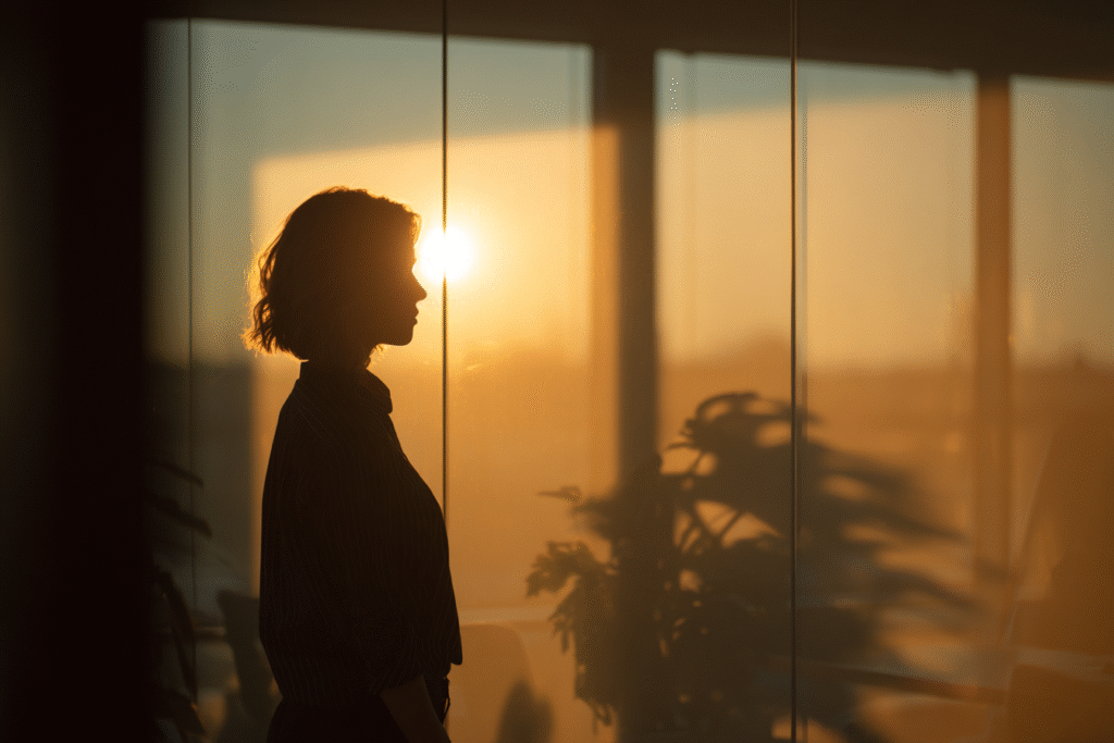 Silhouette of a clinician standing in an office at sunset, representing the emotional weight and fear of being reported.