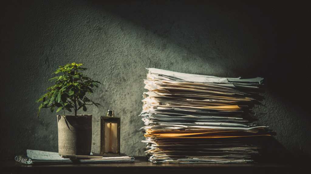 Large stack of case files and paperwork symbolizing clinician stress, overwhelm, and the fear of being reported due to documentation pressure