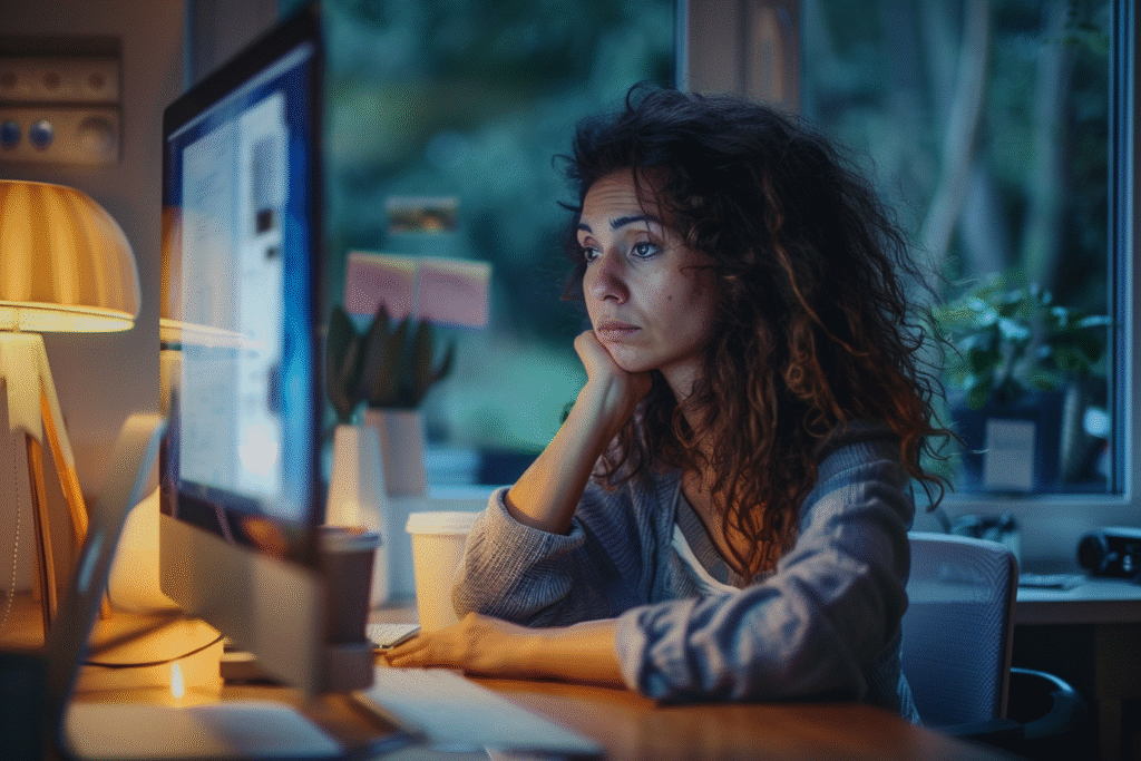 A tired addiction counselor sits at her desk late in the evening, staring at a computer screen with a look of exhaustion, representing compassion fatigue for addiction counselors.