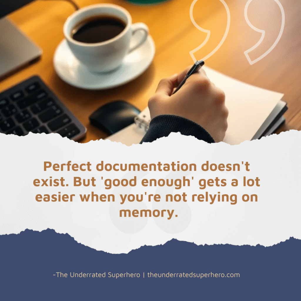 Therapist writing notes beside a coffee cup with a quote about realistic expectations for documentation for therapists.