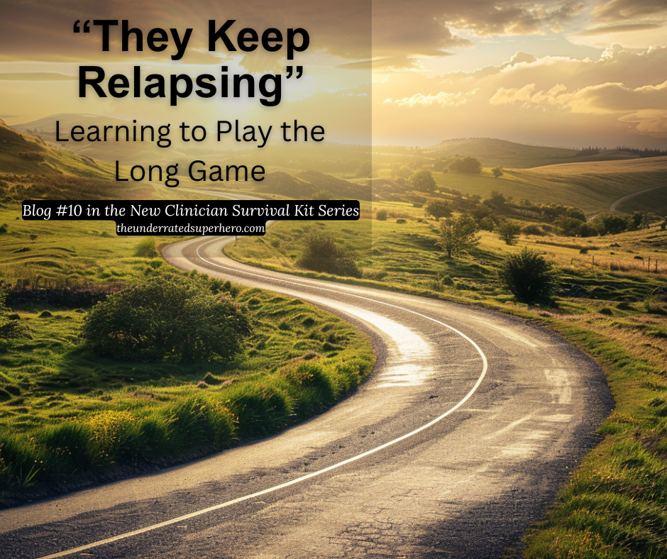 A winding rural road stretches across rolling hills at sunset, representing the long-term journey of recovery and the emotional weight clinicians carry while supporting clients through repeated client relapse.