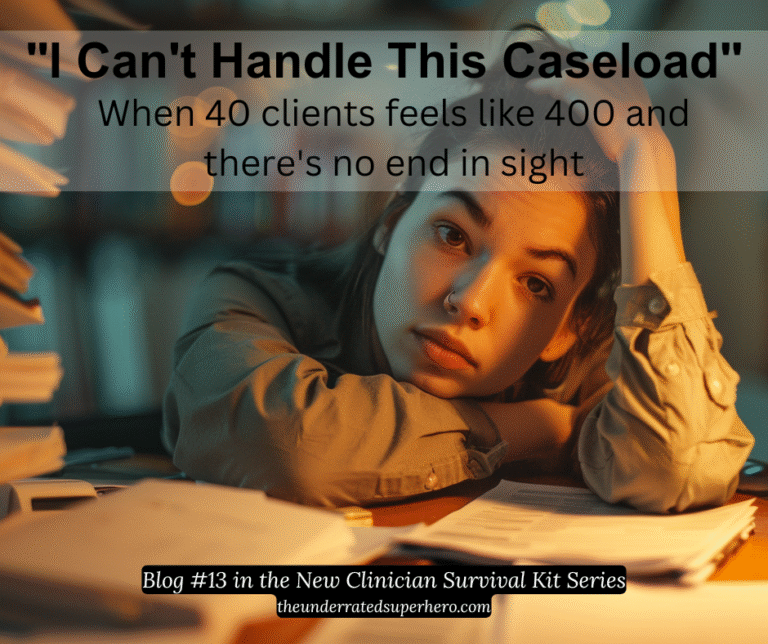 Blog cover showing an overwhelmed clinician leaning on a desk surrounded by paperwork, titled “I Can’t Handle This Caseload,” highlighting burnout and documentation for therapists.