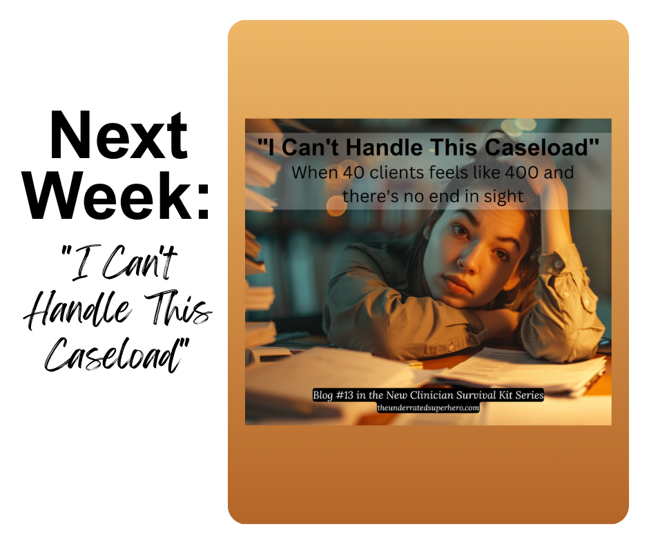 Promotional graphic announcing “I Can’t Handle This Caseload,” showing a clinician at a desk with paperwork and previewing a blog on caseload strain and documentation for therapists.