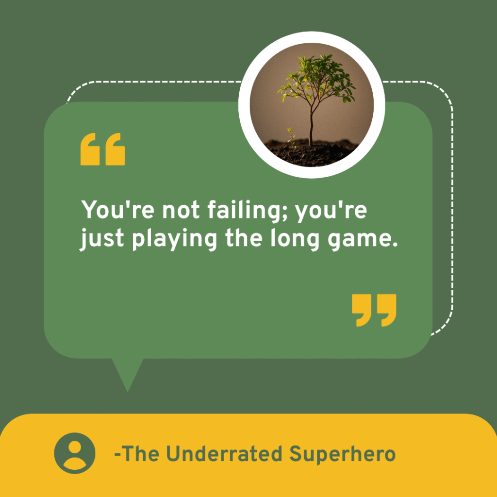 A small sprouting plant emerges from soil inside a circular frame above a motivational quote about playing the long game, encouraging clinicians who feel discouraged by repeated client relapse.