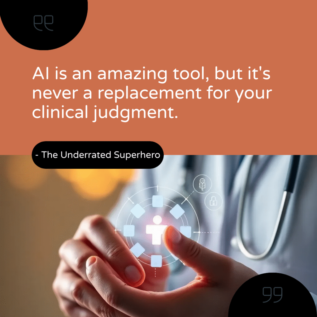 Clinician holding a digital interface graphic with text emphasizing that AI supports but does not replace documentation for therapists and clinical judgment.