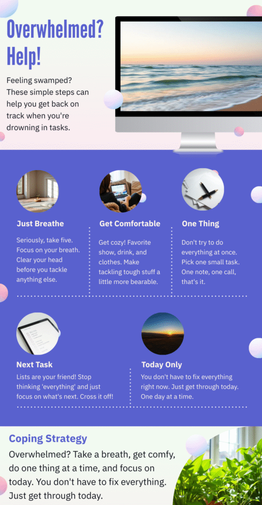 High caseload management for clinicians infographic with 5 steps when overwhelmed: just breathe and take five, get cozy with favorite show and drink, pick one small task, focus on the next task using lists, and remember you just have to get through today.