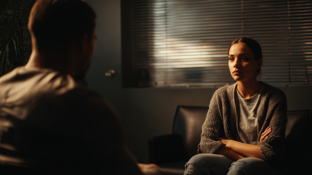 Therapeutic alliance with mandated clients - a young woman sits with arms crossed during a counseling session, showing guarded body language