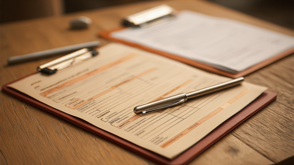 Intake forms and clipboard on a desk - the paperwork that can get in the way of building therapeutic alliance with mandated clients