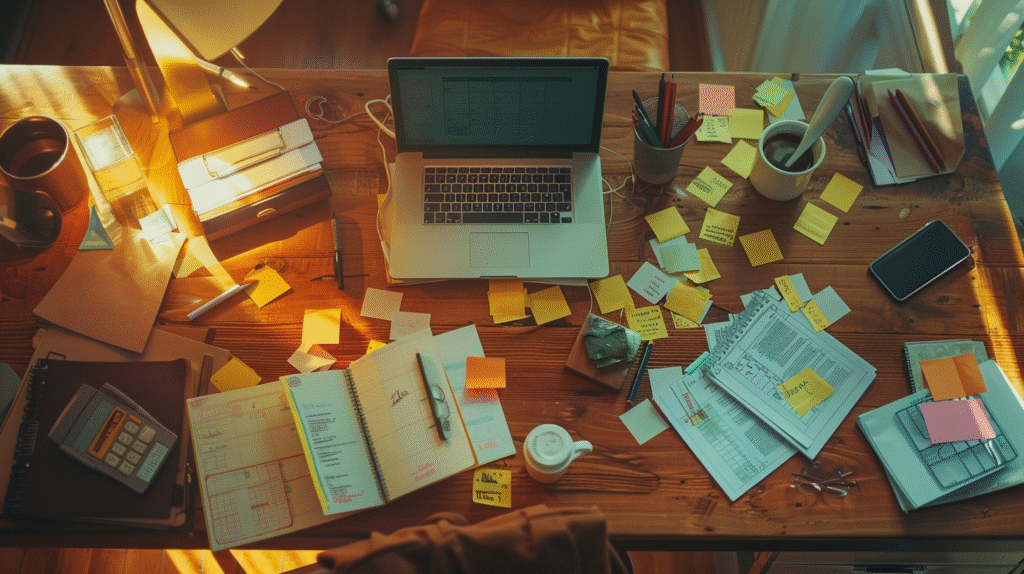 High Caseload Management for Clinicians illustrated by a cluttered therapist desk covered in paperwork and sticky notes, symbolizing competing priorities and cognitive overload.