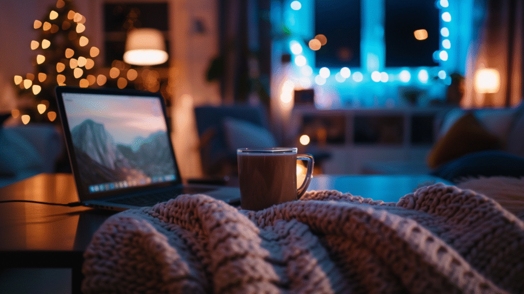 High Caseload Management for Clinicians represented by a cozy home office with a laptop, warm lighting, and a blanket, reflecting after-hours documentation and work-life strain.