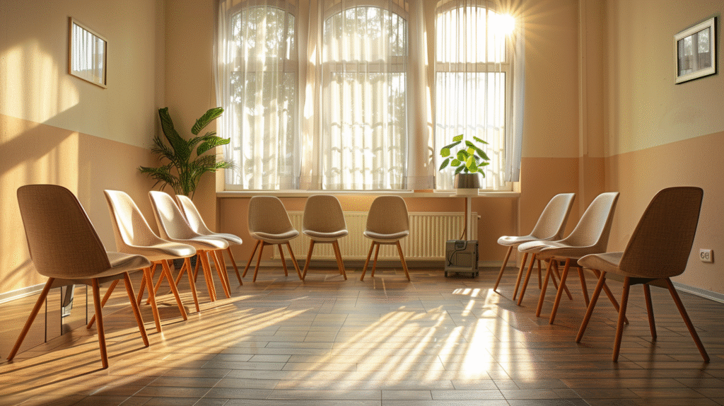High Caseload Management for Clinicians visualized by an empty group therapy room with chairs arranged in a circle, reflecting high demand and limited clinician availability.