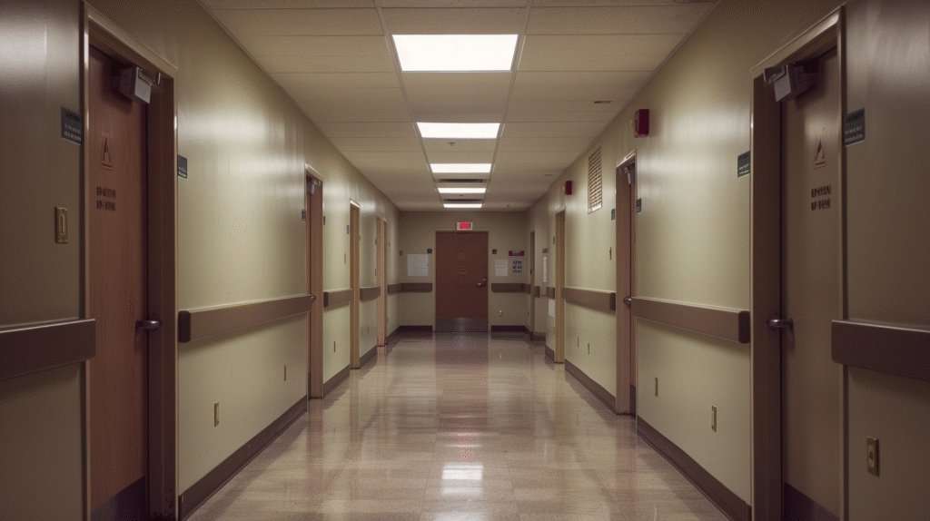 High Caseload Management for Clinicians illustrated by a long, empty hallway in a community mental health facility, symbolizing system pressure, limited resources, and clinician burnout.