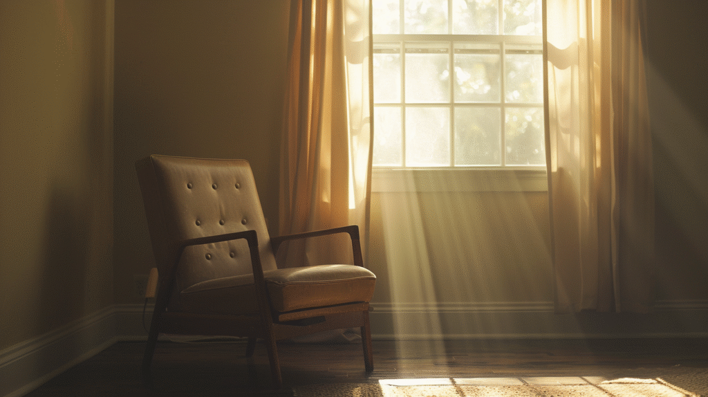 An empty therapy chair sits in soft morning light streaming through a window, representing the quiet space clinicians return to while processing difficult sessions involving client relapse.