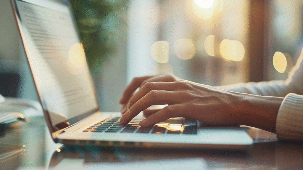 Hands typing on a laptop as a therapist completes documentation for therapists in a focused clinical workspace.