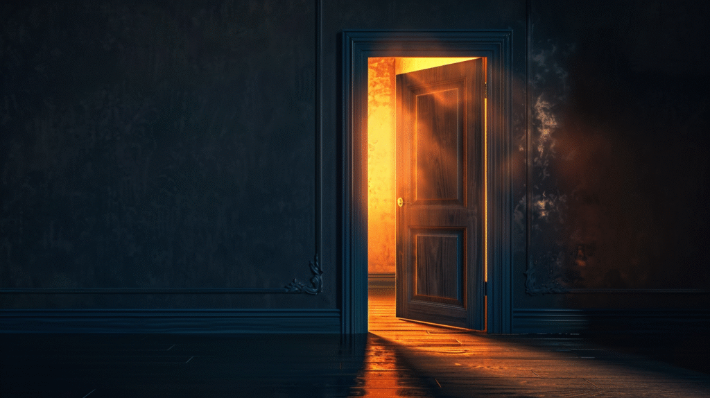 A dark hallway opens into a room filled with warm light, symbolizing hope, new beginnings, and the possibility of change even after patterns of client relapse.