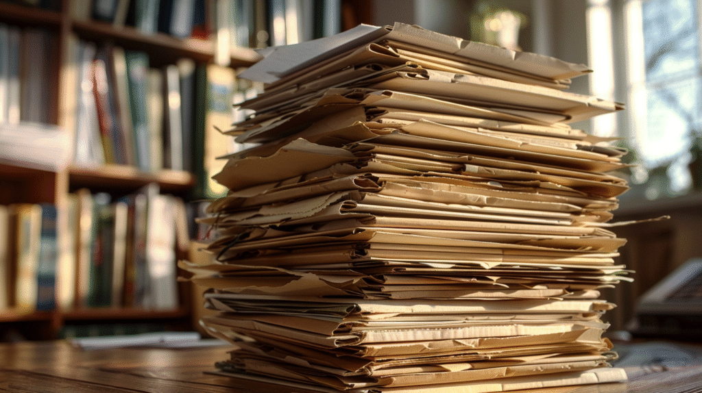 High Caseload Management for Clinicians depicted by a tall stack of manila client folders on a desk, representing overwhelming documentation and administrative burden.