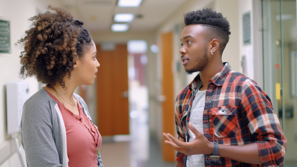 Two counselors having a conversation in a hallway, illustrating peer support and clinical supervision for new counselor.