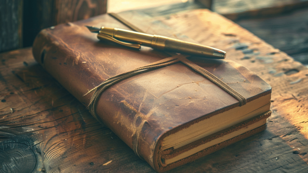 A worn leather journal with a gold pen rests on a rustic wooden table, symbolizing the reflective notes clinicians keep as they navigate complex cases, including moments of client relapse.