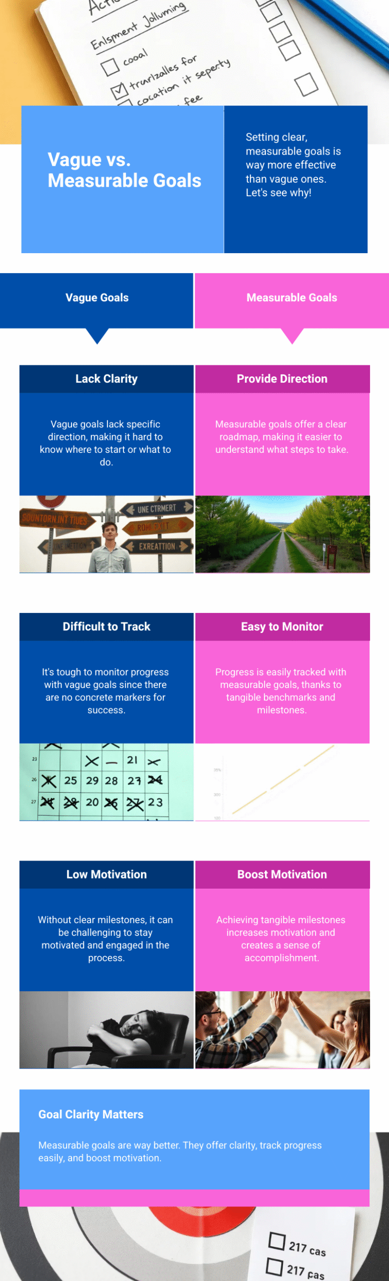 Infographic comparing vague goals to measurable goals, demonstrating clear and effective documentation for therapists.