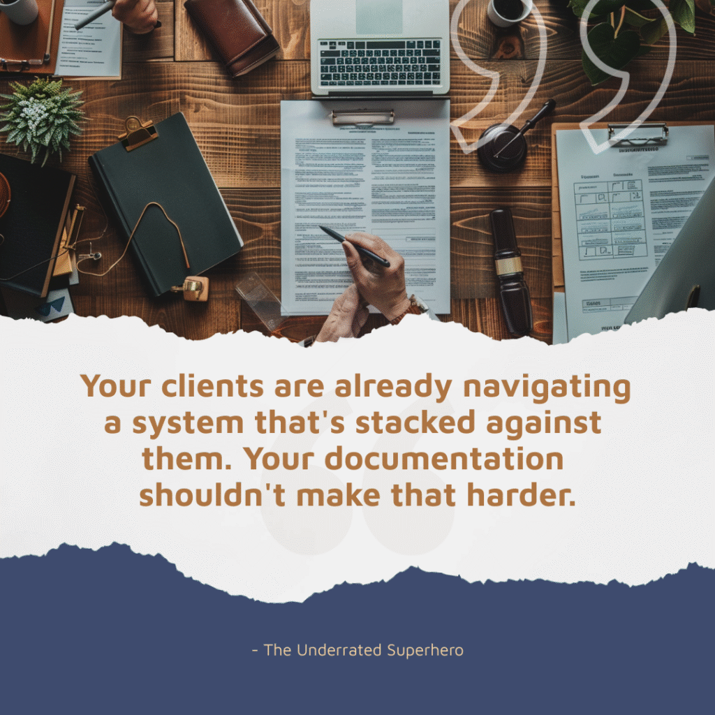 Pull quote - Your clients are already navigating a system stacked against them, your documentation shouldn't make that harder