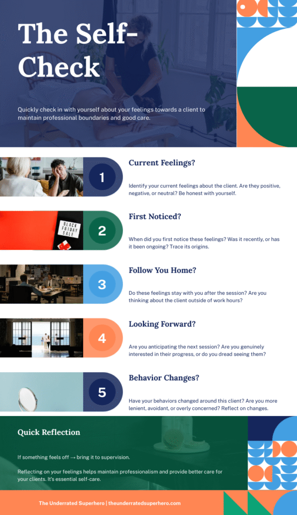 Self-check infographic guiding therapists to reflect on emotions, boundaries, and behavior related to Therapist Attraction to Client.