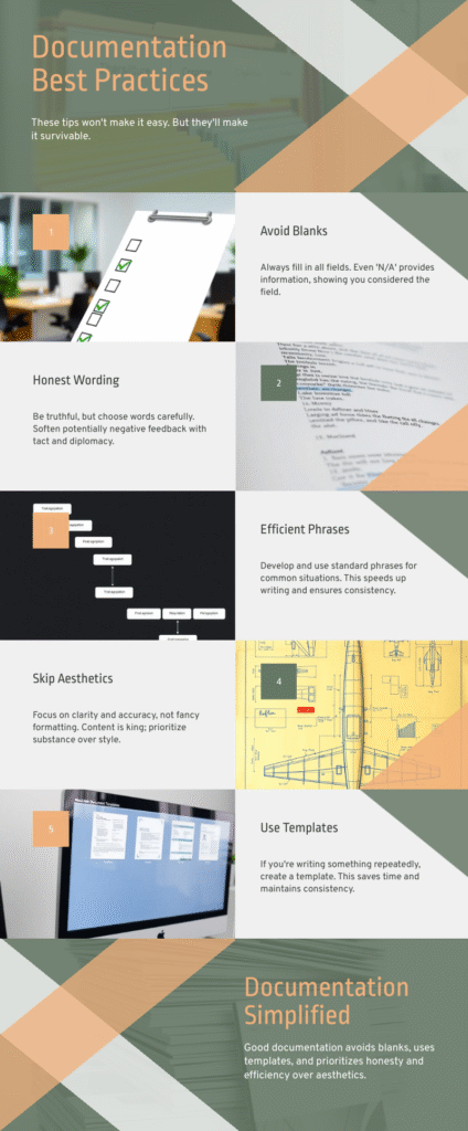 Infographic titled Documentation Best Practices with five tips for managing clinical documentation overwhelm: avoid blanks, honest wording, efficient phrases, skip aesthetics, and use templates