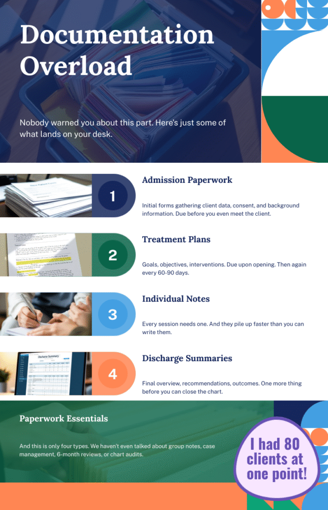 Infographic titled Documentation Overload showing four types of clinical paperwork: admission paperwork, treatment plans, individual notes, and discharge summaries, illustrating the scope of clinical documentation overwhelm