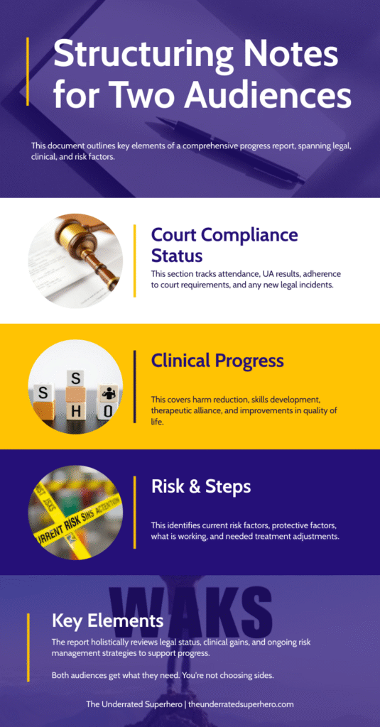 Infographic showing three-part progress note structure for justice-involved clients - court compliance, clinical progress, and risk assessment