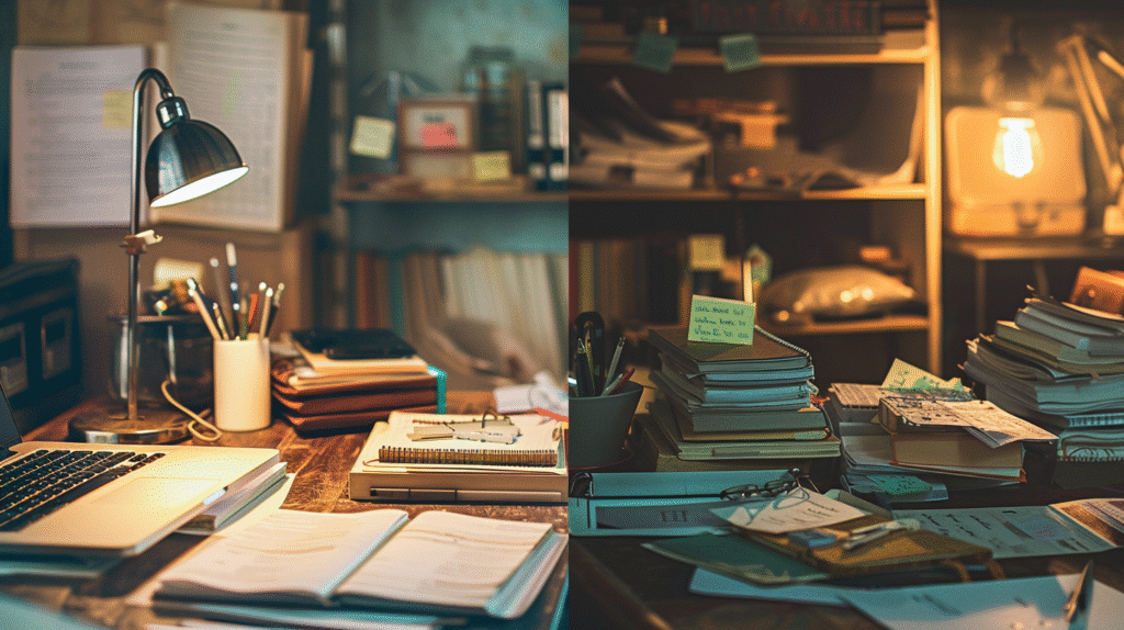 Clinical Documentation Overwhelm depicted through a split image comparing an organized workspace with a cluttered desk, emphasizing the contrast between systems and overload.