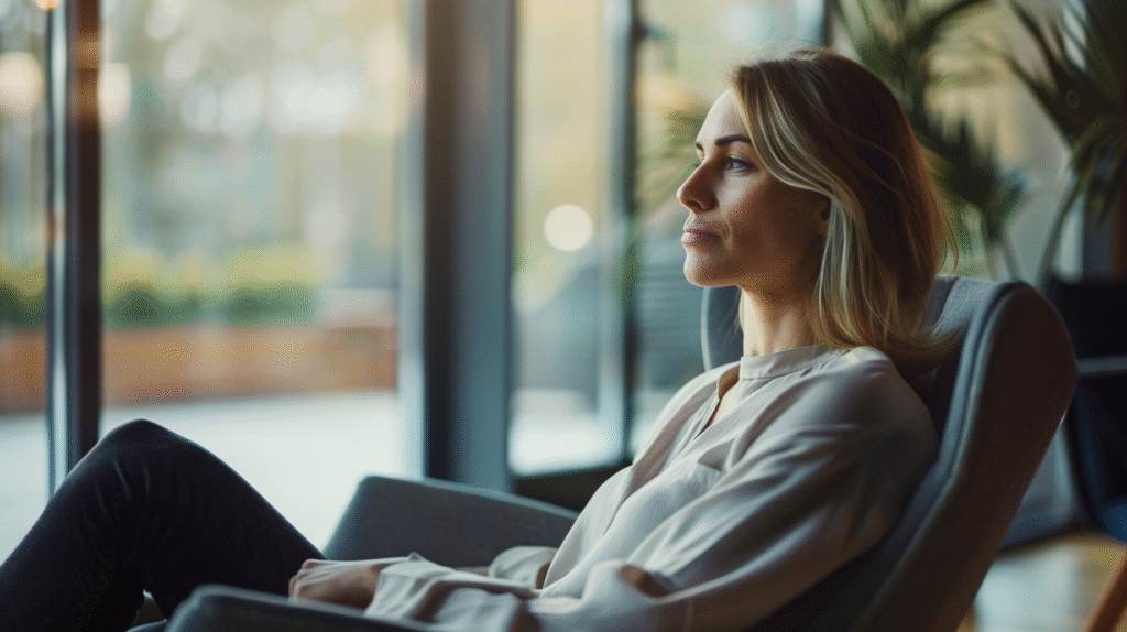 Therapist sitting in office chair reflecting on therapist attraction to client and counter-transference
