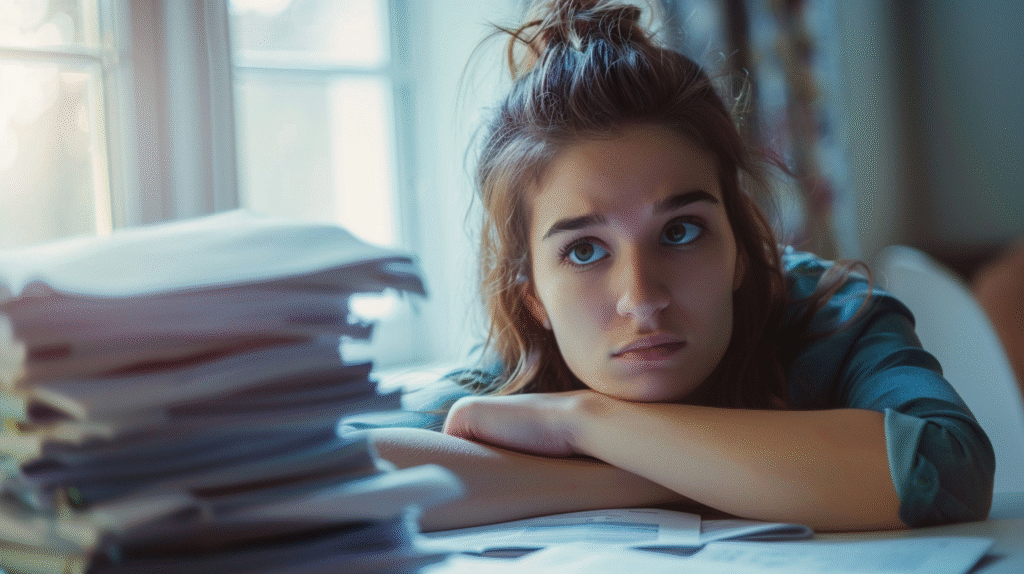 Clinical Documentation Overwhelm illustrated by a young therapist appearing stressed while seated at a desk covered in paperwork.