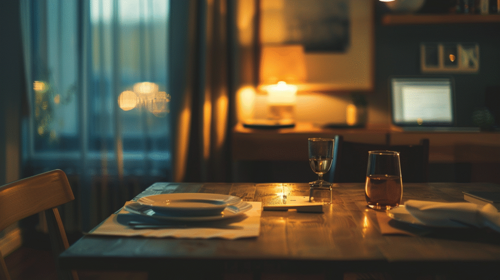Clinical Documentation Overwhelm shown by an empty dinner table with a single place setting, symbolizing missed personal time due to after-hours paperwork.