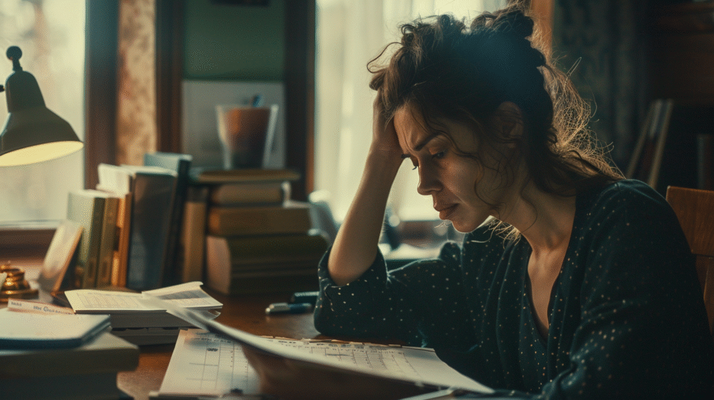 Counselor doesn't like client - overwhelmed therapist looking at schedule with dread at cluttered desk