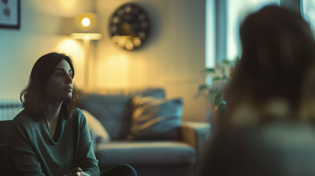 Therapist experiencing countertransference during difficult session, clock visible in background