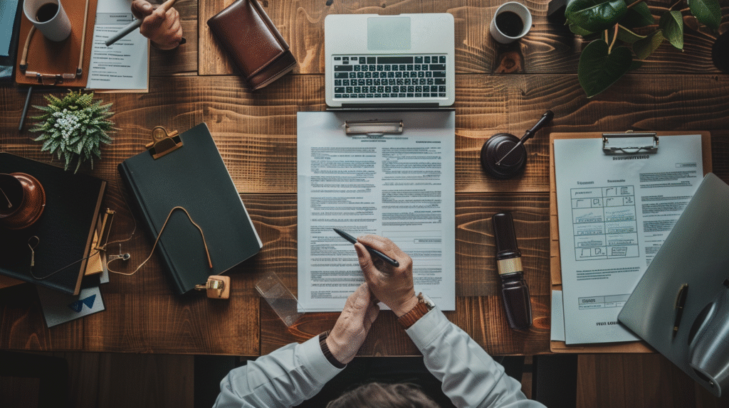 Overhead view of clinician desk with clinical notes and court documents representing documentation for two audiences