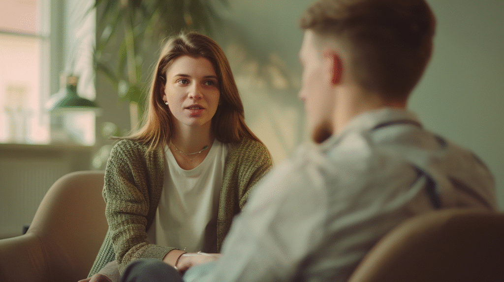 Therapy session showing a client and therapist in conversation illustrating Client Transference as emotions and expectations are expressed in the therapeutic relationship