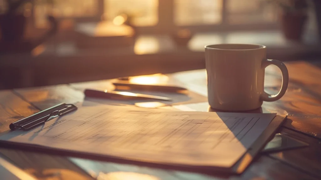 Clipboard with intake forms and coffee on a desk symbolizing the documentation and preparation involved in Motivational Interviewing for Mandated Clients