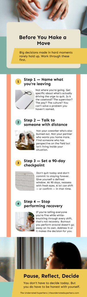 Infographic titled Before You Make a Move outlining steps like naming what youre leaving talking it out and setting a 90 day checkpoint to reflect before saying i want to quit